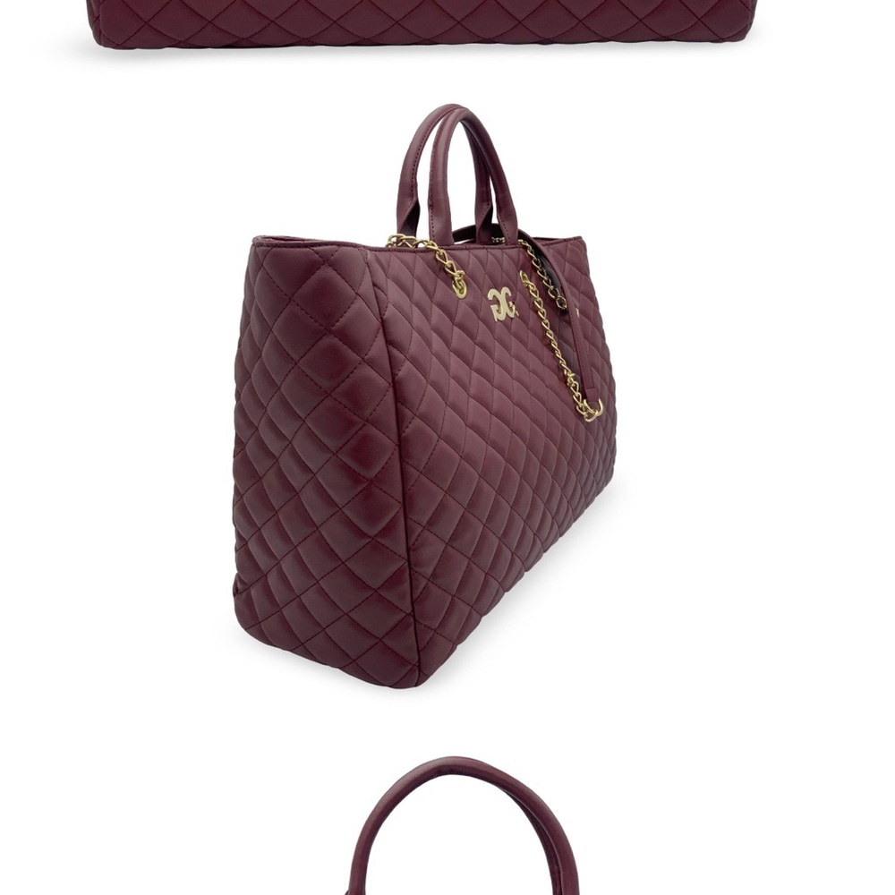 Sophisticated Brown Quilted Tote Bag with Gold Hardware in Burgandy